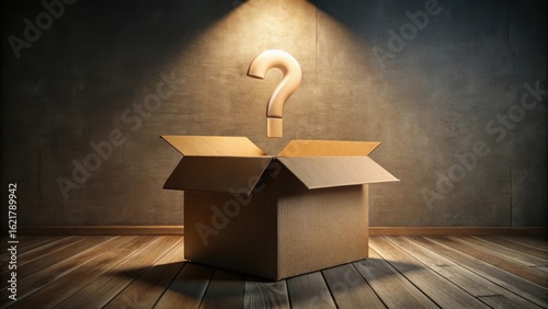A minimalist mystery unfolds as a large cardboard box sits alone in a dimly lit room with an open flap and a question mark staring back at it