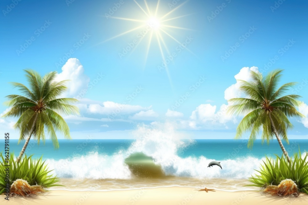 Obraz premium Serene Tropical Beach with Palm Trees and Gentle Ocean Waves