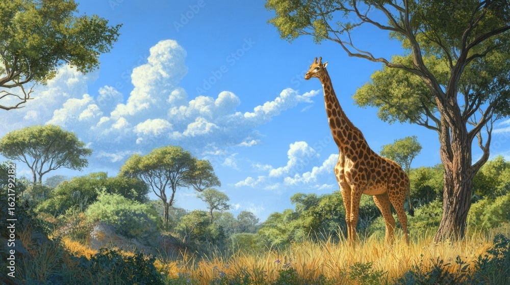 Fototapeta premium Giraffe in a Sunny African Savanna Landscape