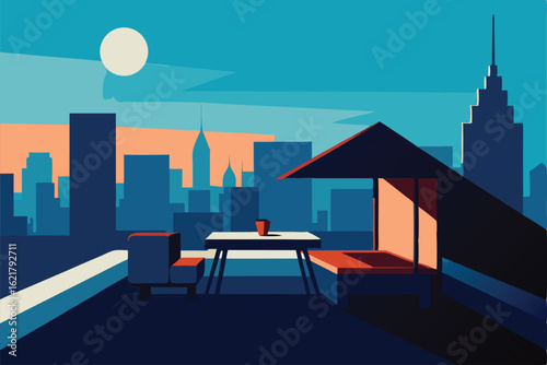 rooftop hangout with skyline in the distance  .eps