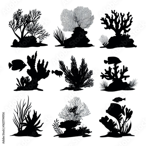 vector illustration of coral reef silhouette set, Black & White silhouette set