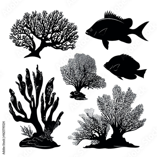 vector illustration of coral reef silhouette set, Black & White silhouette set