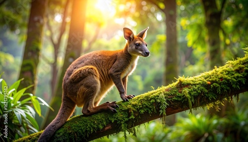 Agile Wallaby perched on mossy branch in sun-drenched rainforest, Australia