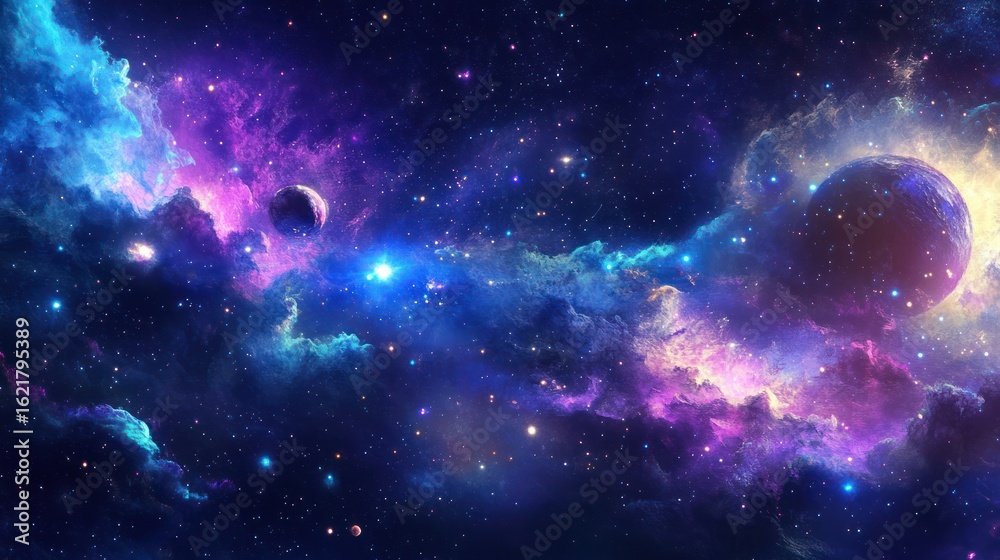 Naklejka premium Cosmic, vibrant, colorful nebula with planets