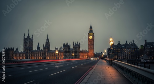London Big Ben Tower and Houses of Parliament Night Scene with City Lights and Empty Road