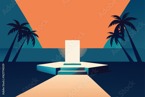 white podium under a single spotlight  tropical