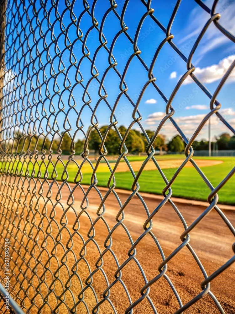Obraz premium Chain link fence with empty baseball field in background