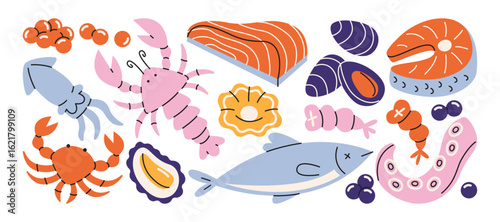 Set of seafood and gourmet sea food. Cartoon shrimps, fish, salmon, squid, mussels oysters and ingredients for cooking, food products. Healthy food delicacies, vitamins, vector stickers