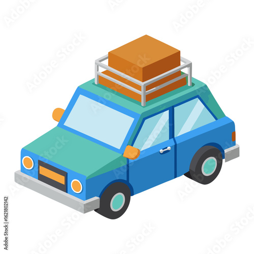 Cartoonish, isometric car icon in a blue and green color scheme, with a luggage box on a roof rack, suggesting travel, vacation, or road trips.