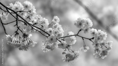 Black and white cherry blossom branch, softly blooming in a blurred, natural landscape