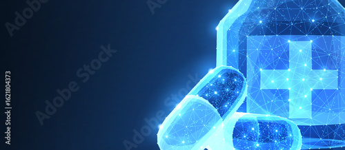 Pills. Abstract 3d polygonal wireframe two capsule pills near bottle blue background with dots and stars.