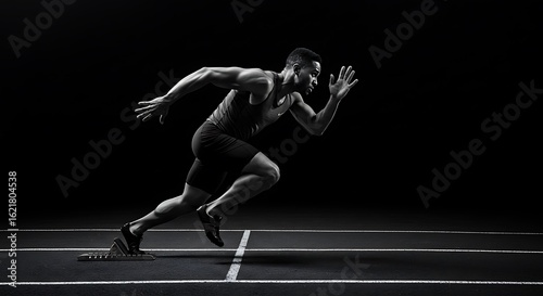 Dynamic black and white image of a male athlete exploding from the starting blocks on a running track with dramatic fx lighting.