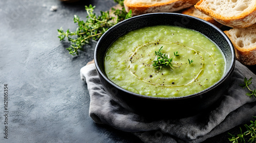 Creamy green pea soup in bowl with bread