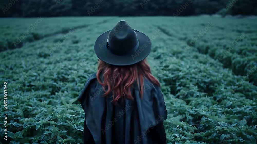 Woman contemplating in a quiet field serenity in nature dark green plants tranquil outdoor scene Woman contemplating in a quiet field serenity in nature dark green plants tranquil outdoor scene