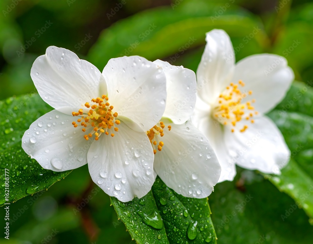 Obraz premium Delicate White Jasmine Flowers with Water Droplets on Green Leaves, close up