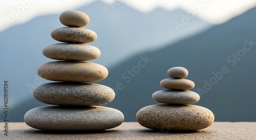 Stacked stones, balanced pebbles on a table with mountain background, zen harmony