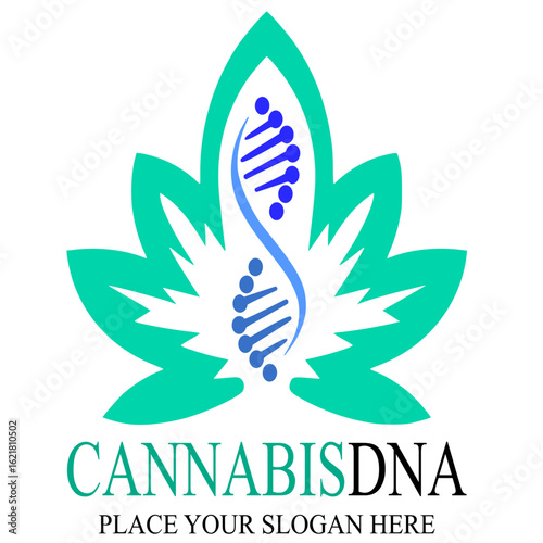 Cannabis dna logo design. cannabis or marijuana leaf and dna sign symbol
