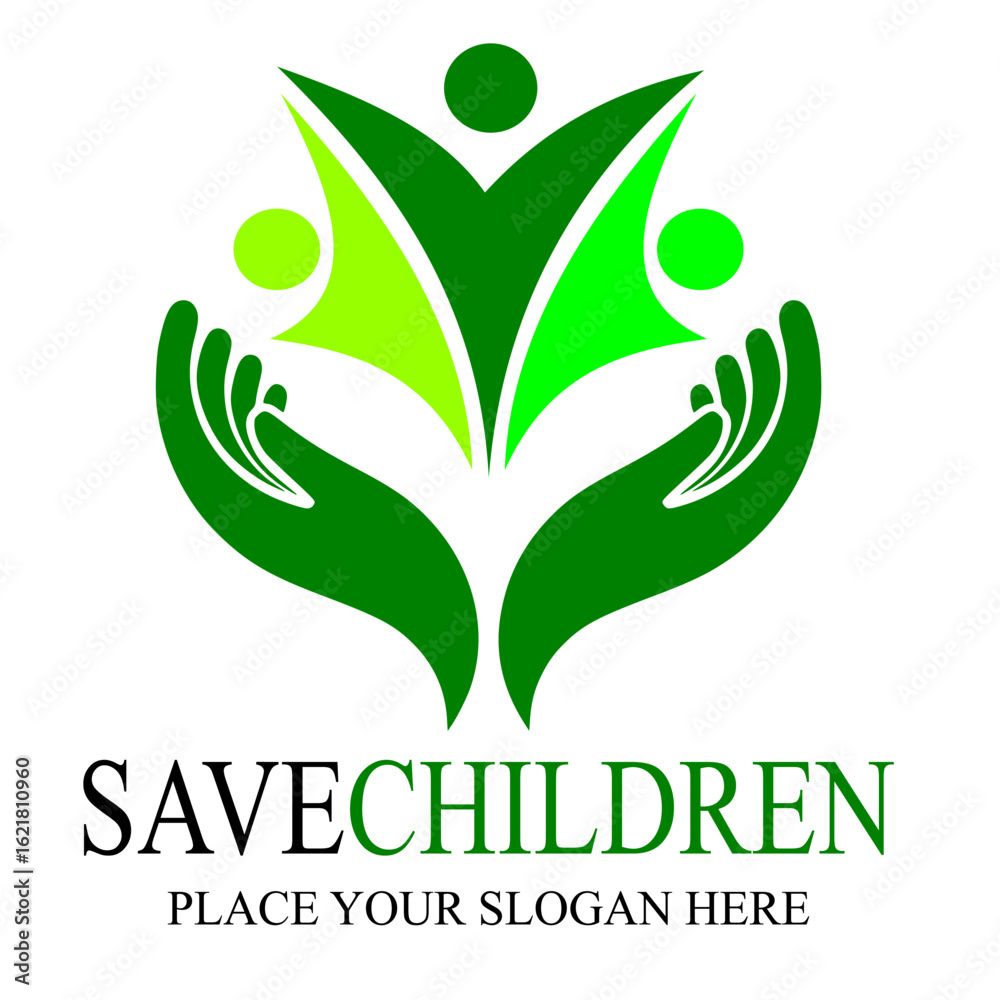Fototapeta premium Save children or people vector logo template. This design with hand and human. 
