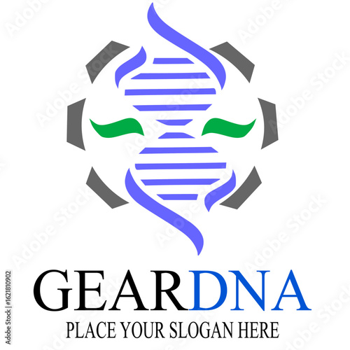 Gear dna vector logo template. This design use chromosome and gears symbol. Suitable for medical business