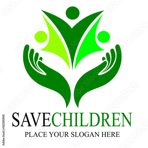 Save children or people vector logo template. This design with hand and human. 