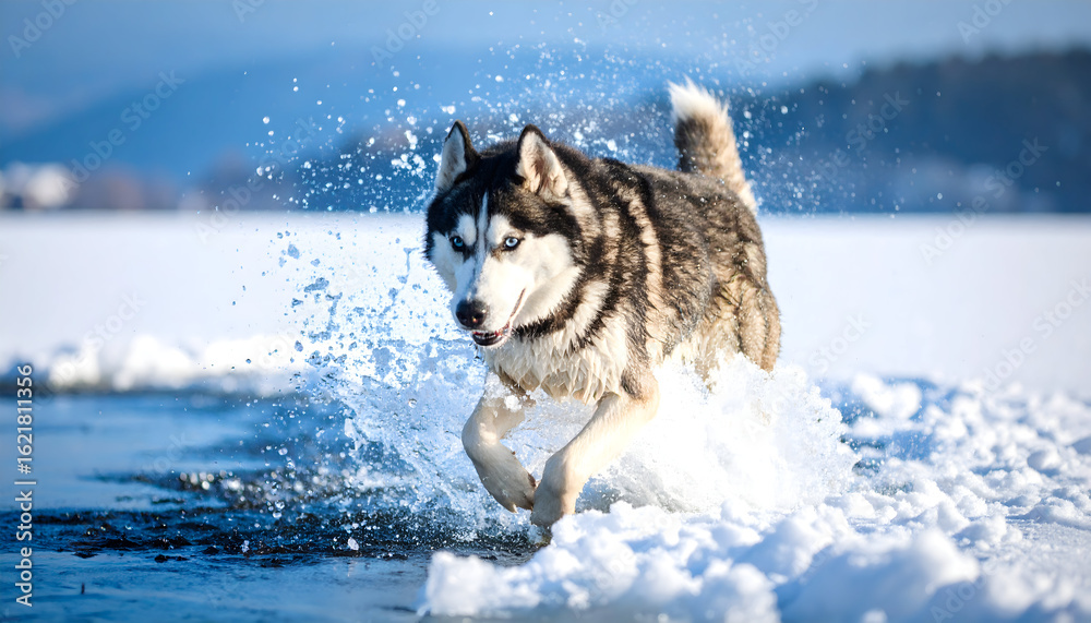 Naklejka premium Majestic Siberian Husky Running Through Ice Water on a Bright Winter Day