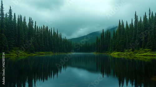 Calm lake reflecting dark green trees and cloudy sky.