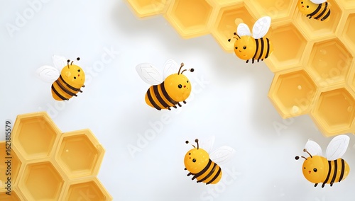 Cute cartoon bees flying around honeycombs on white background

