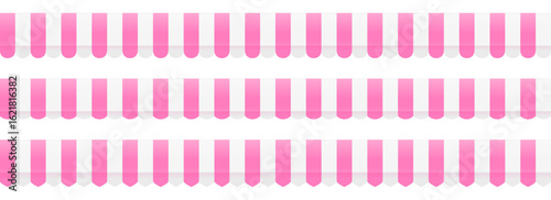 Striped shop tent repeated design set. Store window awning pattern collection. Cafe or restaurant roof canopy pack. Pink and white stall market place cover. Repeating stripe sunshade design. Vector