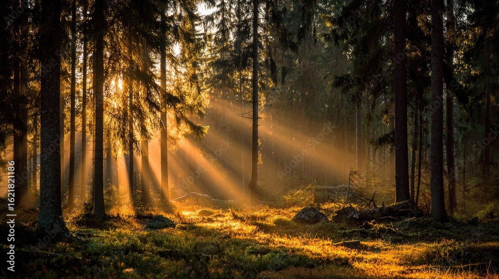 Obraz premium Golden sunlight streams through misty forest