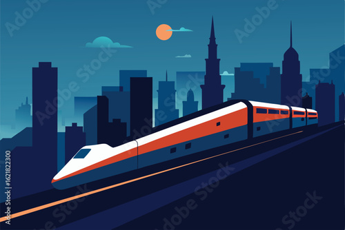 city train speeding through an urban skyline at ni.eps