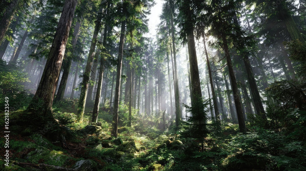 Obraz premium Sunbeams pierce a misty forest (1)