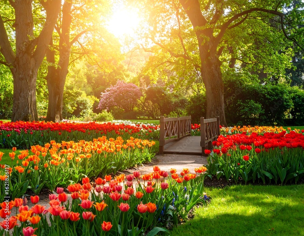 Obraz premium Springtime park with vibrant tulips