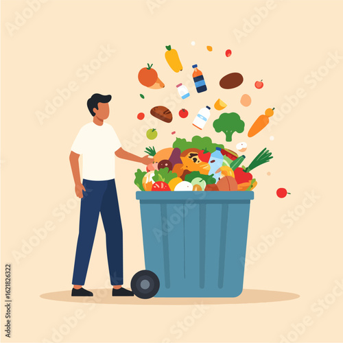 Illustration depicting a man disposing of various food items and bottled drinks into a blue trash can, symbolizing food waste, conscious consumption, and environmental issues.