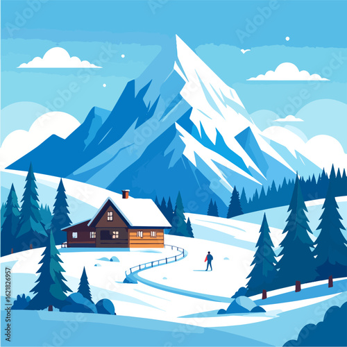 A picturesque winter landscape features a cozy cabin nestled amidst snow-covered evergreen trees, with a majestic mountain backdrop under a bright, clear blue sky with a lone hiker.