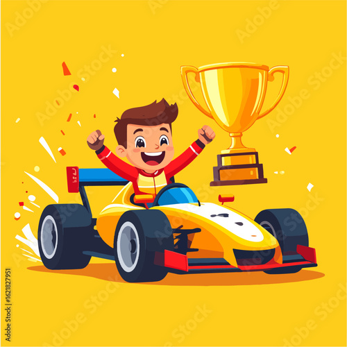 A cartoon illustration of a young and joyful race car driver celebrating his victory, sitting in his yellow race car with a gold trophy in front of a bright yellow background.