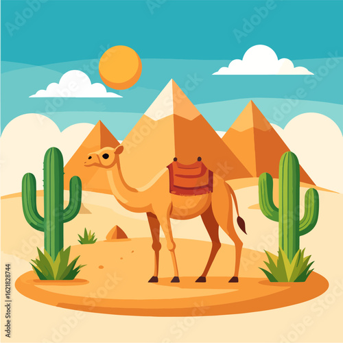 A minimalist vector illustration features a camel with a saddle standing in the desert, with pyramids, cacti, a bright sun, and fluffy clouds in the background against a blue sky.