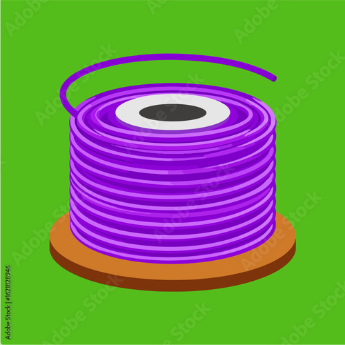 An illustrative spool of purple wire on a brown base, depicted in a clean, vector style against a vibrant green background, showcasing a sense of simplicity and functionality.