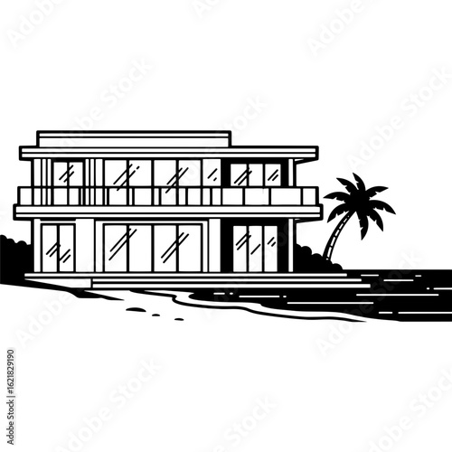 Modern beachfront home with a palm tree, perfect for luxury lifestyle branding and real estate marketing materials.