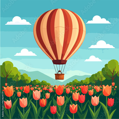 Whimsical illustration of a red and orange striped hot air balloon soaring over a vibrant field of red tulips, set against a backdrop of rolling hills and fluffy white clouds.