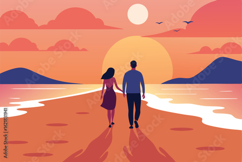 romantic beach walk at sunset   couple holding han.eps