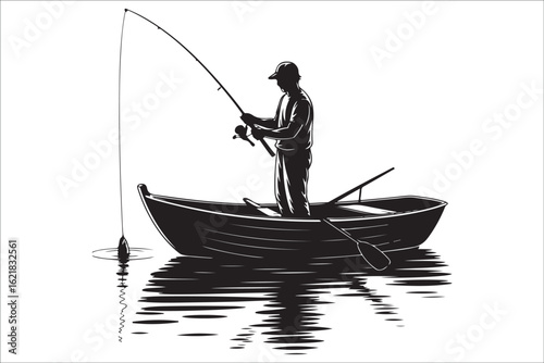 Silhouettes of a fisherman and boat on calm blue water at sunset
