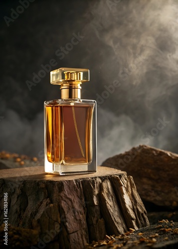 Elegant amber perfume bottle on natural wood display
