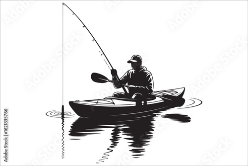 Silhouettes of a fisherman and boat on calm blue water at sunset