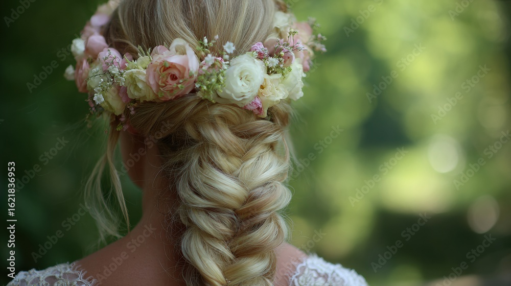 Naklejka premium Long Braid Adorned With Fresh Flowers in a Serene Outdoor Setting During Daylight