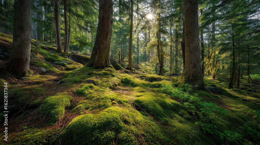 Naklejka premium Lush Green Moss Forest Floor with Sunlight 