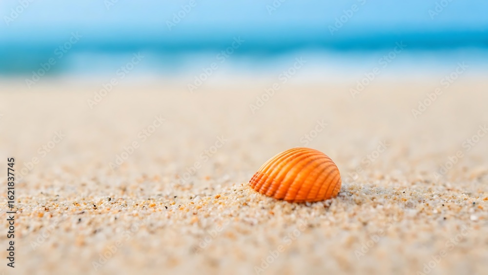 Obraz premium Single orange seashell resting on a sandy beach with ocean background