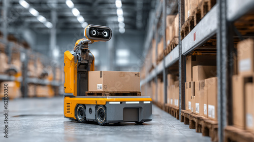 Automated delivery robot transporting packages in a modern warehouse environment