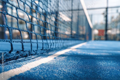 Close-up of a paddle tennis court's net and floor.  Blue net, court surface, and faded white lines.  Background shows a portion of the building's interior