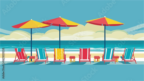 Aerial view of a tropical beach during summer with crystal clear turquoise water, white sandy shoreline with a few chairs and umbrellas for sunbathing