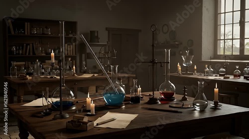 Vintage Science Laboratory Ambiance with Candlelight and Glass Beakers Smooth Animation Loop Featuring Antique Wooden Tables and Bookshelves Creating a Historical Academic Atmosphere Perfect for